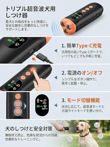 Z無駄吠え防止器 犬用 超音波トレーニング器具、3重超音波モード、最大10m照射、液晶画面付き、LEDライト搭載、USB充電式、軽量120g【2026最新型】の詳細・まとめ 画像