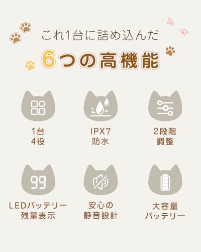 ペット用バリカン 【2026獣医師監修・安定細部カット】 犬用バリカン 猫 バリカン 全身トリミング 背中 顔周り 足裏 耳裏 お尻周り 肉球 小型犬から大型犬まで対応 小動物対応 猫 長毛 毛玉対応 IPX7防水 2段階スピード調整 LEDバッテリー残量表示 人間工学デザイン 充電式コードレス 初心者向け (ホワイト)の特徴・詳細 画像