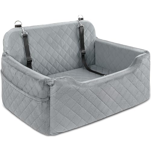 Zovenc 犬用カーシート ペットドライブベッド 中型犬・大型犬対応(約23kgまで) 小型犬2匹対応 ペット用ブースターシート 犬 車 シート 10cm高密度エッグフォーム採用 衝撃吸収 低反発クッション 車用ペットベッド 取り外し可能 洗える ペットドライブボックス 安全ベルト付き 滑り止め底面 SUV/MPV/RV対応 犬 車 酔い軽減 多機能ペットソファ (グレー)の外観・全体像 画像
