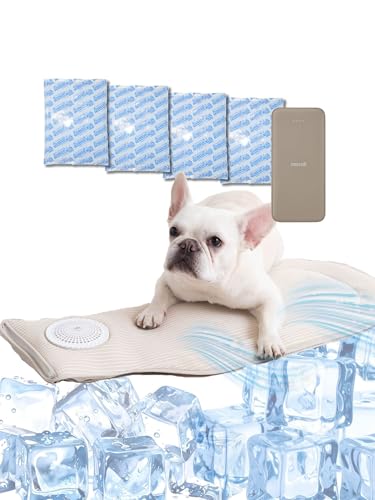 【強力ファン＋保冷剤4個】ペット用 空調クールマット 犬 猫 冷却マット ペットカート キャリー対応 暑さ対策 ひんやり [クリームラテ/ファン+モバイルバッテリー付き] 1