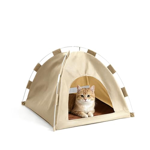 猫 ペットテント ペットハウス 犬ベッド 休憩所 折り畳み オックスフォード 猫用テント 多機能 防水 通年 可愛い 変形しにくい ストレス解消 お部屋設置 室内外両用 日向ぼっこ 滑り止め ベージュ S:35*35*30cmの外観・全体像 画像