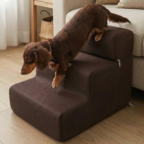 犬 階段 ステップ ペット階段【2段 3段 調整可能】滑り止め 洗えるカバー 足腰にやさしい 関節ケア 小型犬 老犬 介護用 ソファ ベッド 室内 iimono117 (ブラウン)の外観・全体像 画像