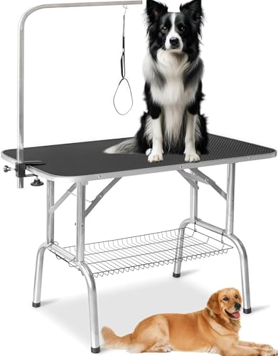 TUIYIDUO トリミングテーブル 折りたたみ式 グルーミングテーブル ペット用 天板 116×60cm 耐荷重 150kg 滑り止め付き シャンプー・カット・爪切り対応 大中小型犬対応 組立簡単 ペットショップ・家庭用 (ブラック,116×60×68.8cm)の外観・全体像 画像