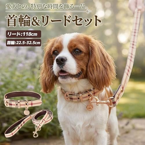 犬 首輪 リード セット チェック柄 小型犬 中型犬 ペット用品 お散歩 グッズ 散歩紐 ドッグカラー リーシュ PUレザー 調節可能 トラッド デザイン おしゃれ かわいい プレゼント 贈り物 ギフト ゴールド 金具の詳細・まとめ 画像