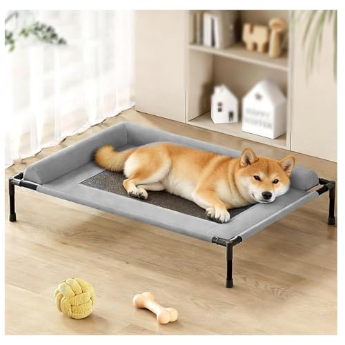 ペットベッド 夏用高通気 高床式ベッド 犬用 猫用 ドッグコット 通気メッシュ 高床式通気ベッド 犬 夏用ベッド L型半包囲枕付き 地面から17cm 水洗い可 耐荷重34kg 室内外兼用 キャンピングベッド 犬 大型犬 小型犬用 ベッド (グレー, L)の外観・全体像 画像