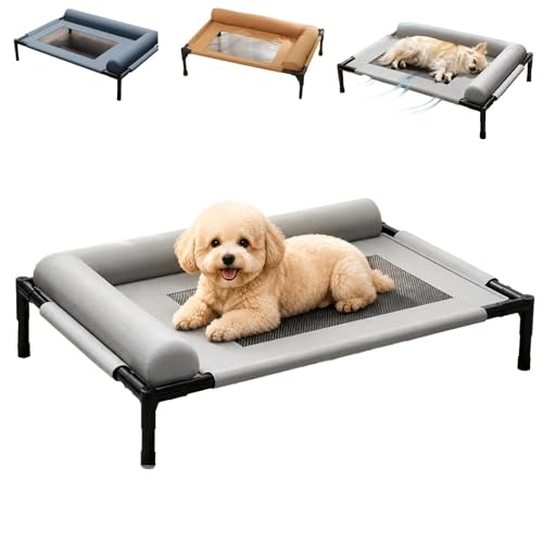 ペットベッド 夏 高架式ペットベッド 犬用ベッド 地面から約17cm離れる脚付きコット型 通気メッシュと半包囲クッションで首元をやさしく支える 高強度硬管フレームで安定しやすい 室内屋外で使える組立式 防湿 清潔 お手入れ簡単 さらっと快適(灰色,M)の外観・全体像 画像
