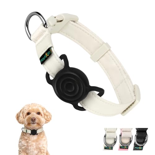 犬首輪 犬用訓練首輪 小型、中型、大型犬用 ペット用品 for AirTag ケース 防水 カバー付き IPX4防水 犬の首 輪 PU/コットン製 通気性 軽量 柔らかい 肌に優しい 丈夫 負担がない しつけ 訓練 散歩 装着簡単 サイズ調整可 (PU-Beige, S)の外観・全体像 画像