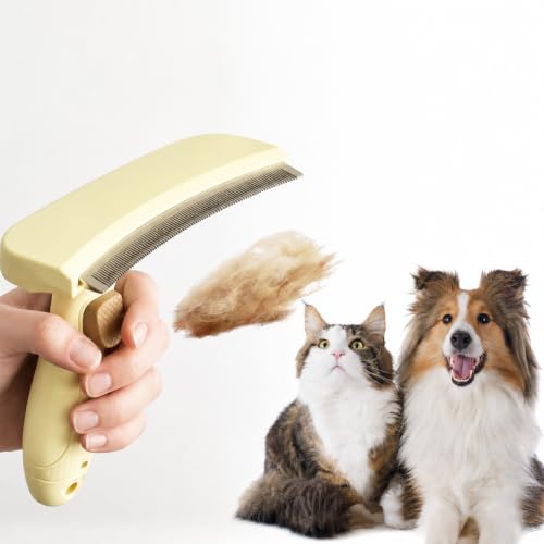[GIIPET]ペットブラシ 猫 犬 グルーミングブラシ 抜け毛取りブラシ 毛玉ケア 痛くない 人間工学グリップ 小型犬 中型犬 猫 トリミング グルーミング 換毛 熱中症対策 お手入れ用品 獣医師監修 (薄黄色, L) 1