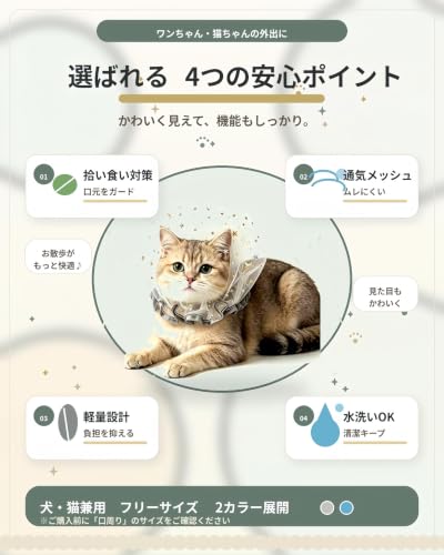 Tepona 拾い食い防止ネット 犬 マズル 口輪 誤飲防止 メッシュ ヘッド 噛みつき防止 中型/小型犬/猫用防虫カバー お散歩グッズ 通気性 軽量 ペット用品 (ブルー)の特徴・詳細 画像
