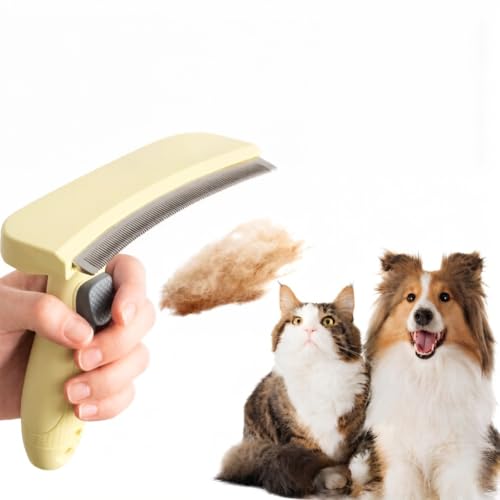 [Luvian]2026new ペットコーム カーブブラシ 犬猫用 毛を薄くするペット抜け毛取りブラシ毛玉ケア 痛くない ステンレス製 人間工学グリップ 小型犬 中型犬 猫 トリミング グルーミング 換毛 長毛・短毛対応 熱中症対策 お手入れ用品 (新アップグレード版 - イエロー) 1