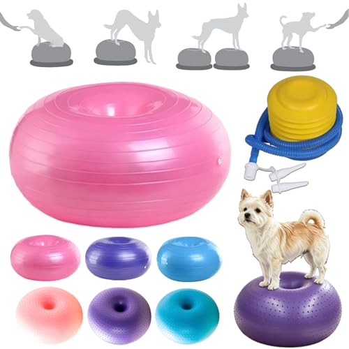 犬用バランスボール ドーナツ型 ペット 体幹トレーニング 犬 バランスボール ドーナツ型 ベース付 安定構造 小型犬 中型犬 大型犬対応 体幹トレーニング 筋トレグッズ 室内 自宅 ジム オフィス 子供椅子 ペット用運動器具 ポンプ付き (A-ピンク)の外観・全体像 画像
