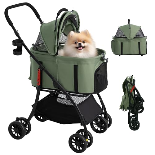 【55cmゆりかご · 超軽量4.5KG】MILA&LOUIS ペットカート おしゃれ犬 カート ペットカート 多頭の小型犬&猫 中型犬一匹用 4輪耐摩耗 犬用カート 犬 ベビーカー 人気 分離型・全体と折りたたみ式 ペットバギー 前輪360°後輪ブレーキ付 カップホルダー 犬 バギー 耐荷重20KG 軽量 通気 散歩 買い物 外出 旅行 日本語の取扱説明書付き (グリーン)の外観・全体像 画像
