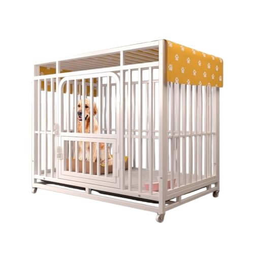 ZVGT犬用ケージ 中型~大型犬用 厚手 頑丈 噛みつきに強い 屋内 屋外 両開きドア 引き出し式トレイ 強化ドアロック 回転キャスター 組み立て簡単 特大スペース 室内 居間 庭 玄関 留守番 車中泊 防災 屋外キャンプ ペットサークル (ホワイト,110*72*95cm (体重45kg未満のペット))の外観・全体像 画像