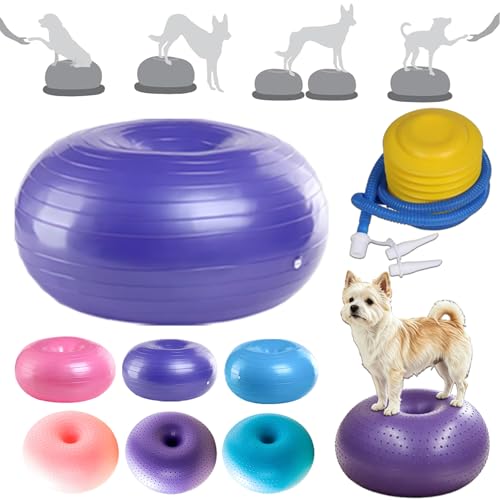 犬用バランスボール ドーナツ型 ペット 体幹トレーニング 犬 バランスボール ドーナツ型 ベース付 安定構造 小型犬 中型犬 大型犬対応 体幹トレーニング 筋トレグッズ 室内 自宅 ジム オフィス 子供椅子 ペット用運動器具 ポンプ付き (A-パープル)の外観・全体像 画像