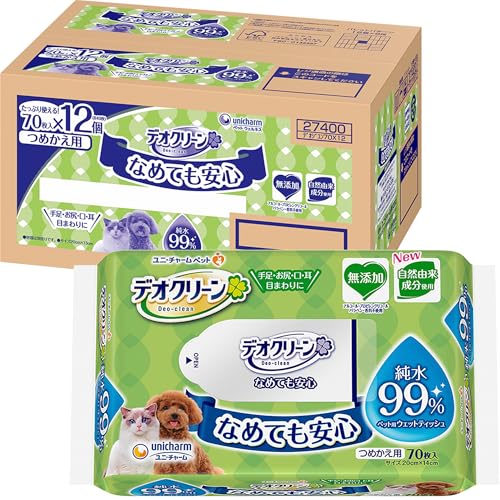 【無添加】デオクリーン 純水99% ウェットティッシュ 840枚 (70枚×12個) [犬猫用ボディシート]【ペットがなめても安心/水分たっぷり/自然由来成分使用】【Amazon.co.jp限定】 1