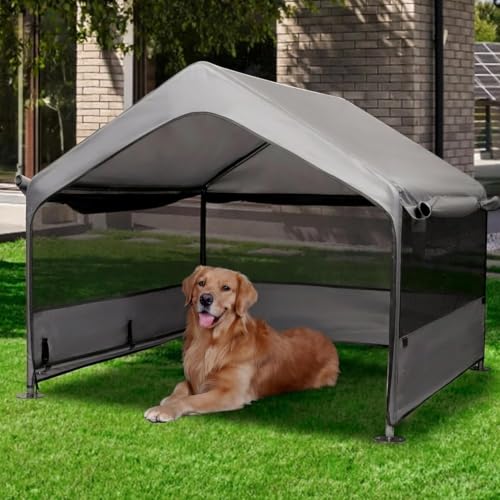 Tujkaw犬小屋 大型犬 屋外 【120×120cm】 ペットテント 日よけ 防雨 3面メッシュ 通気性 撥水 紫外線カット ドッグハウス (グレー)の詳細・まとめ 画像