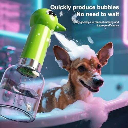 犬 シャンプー 泡立て器 自動 泡 Type-C 充電式 防水 低騒音 自動発泡 350ml 目盛付 キツツキ ワンタッチ操作 かわいい おしゃれ シャワー シャンプー節約 バス用品 お風呂 犬用 猫用 (グリーン)の特徴・詳細 画像