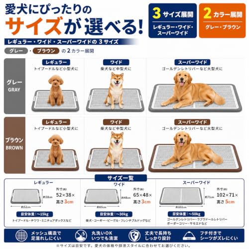 犬 トイレ トレー メッシュ トイレトレー レギュラー ワイド スーパーワイド 3サイズ 小型犬 中型犬 大型犬 洗える グレー ブラウン 2カラー展開の詳細・まとめ 画像