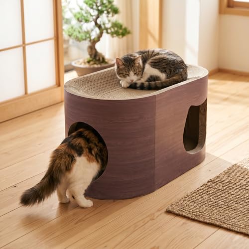 猫 爪とぎ ハウス ベッド 高密度ダンボール 猫用爪研ぎ ベッド型 かくれんぼ 猫ハウス おしゃれ 長持ち ストレス解消 室内用 (かくれんぼHIGH型)の外観・全体像 画像