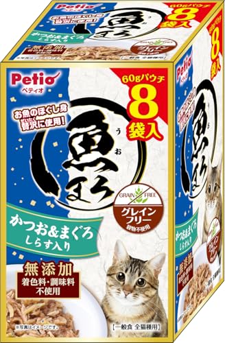 ペティオ (Petio) 魚まろ かつお＆まぐろ しらす入り 60ｇ×8袋入 (着色料・調味料無添加、グレインフリー（原材料として穀物不使用)) 1