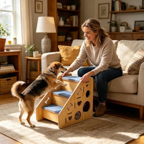 木製犬用階段 - 滑り止めステップ、滑らかなエッジのペットベッドスロープ, ベッド用木製犬用階段 滑り止めステップの特徴・詳細 画像