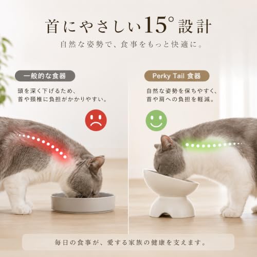 Perky Tail 猫 皿 犬 えさ 皿 陶器 食器 フードボウル 高さ ごはん皿 15°傾斜 食べやすい 餌入れ 吐き戻し軽減 餌入れ 首にやさしい ひげに優しい 電子レンジ・食洗機対応 グレー 小型犬 猫用の詳細・まとめ 画像