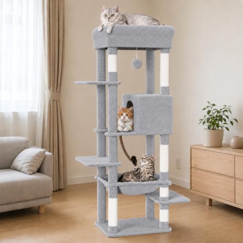 [ChicKone] キャットタワー スリム 大型猫用 据え置き 高さ約150cm 省スペース ハンモック 多頭飼い 猫タワー 爪とぎ 1