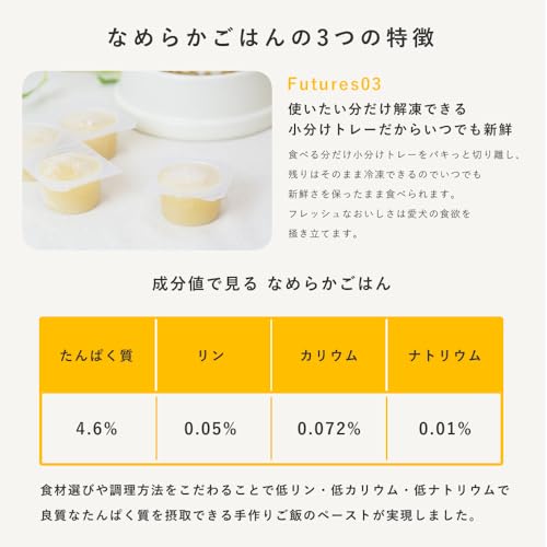 帝塚山ハウンドカム 犬 冷凍 ドッグフード 【 療法食 に トッピング 】療法食サポート 腎臓ケア なめらかごはん 1袋 (約44g×6個) 無添加 国内製造 食べない悩み ペースト 手作りご飯 低リン 低脂肪 低ナトリウム 低カリウム 低たんぱく質 膵炎の特徴・詳細 画像